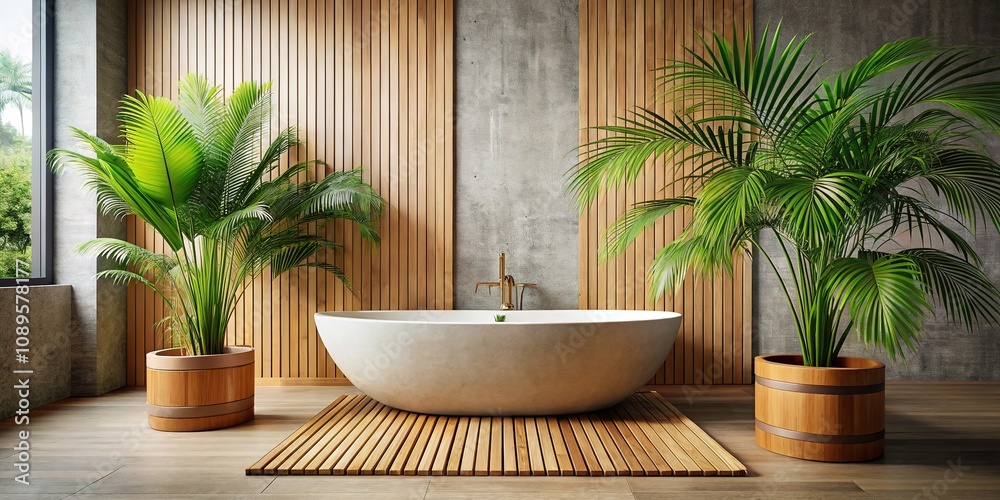 Create a serene home spa atmosphere with minimalist Japandi decor, incorporating a wooden bathtub and palm tree for a tranquil and stylish bathroom vibe. Create a serene home spa atmosphere with minimalist Japandi decor, incorporating a wooden bathtub and palm tree for a tranquil and stylish bathroom vibe.