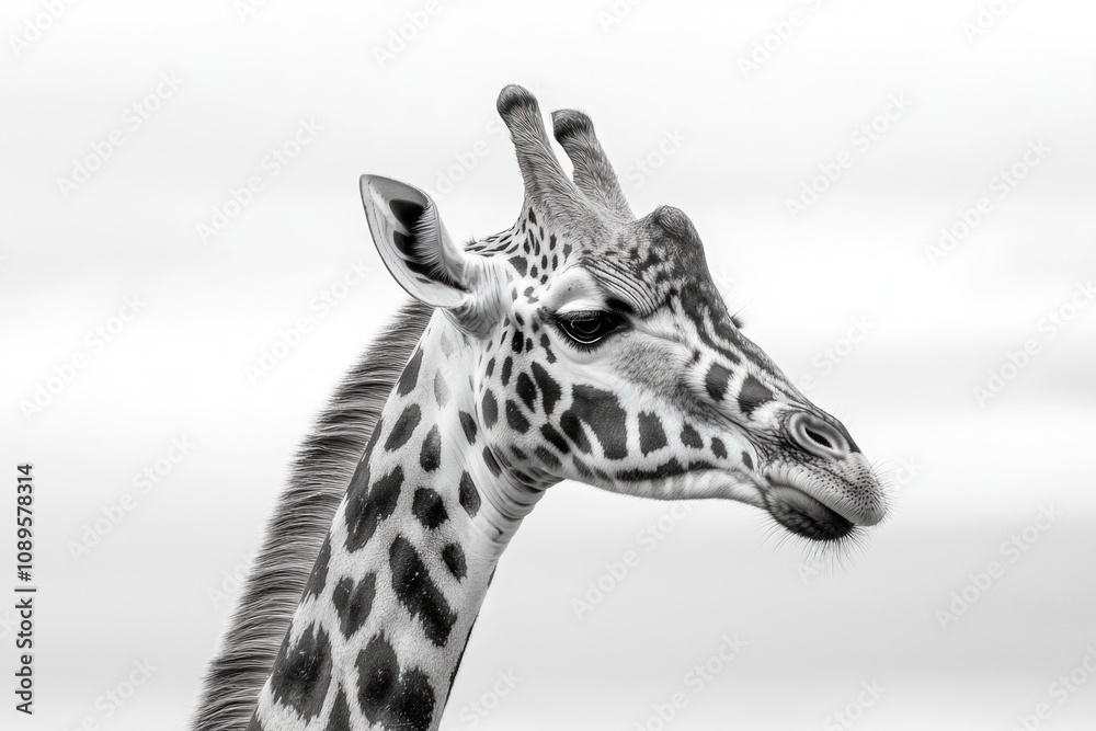 Naklejka premium A close-up image of a giraffe's head and neck in black and white, ideal for use as a illustration or design element