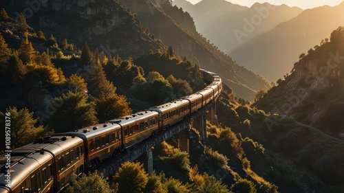 A long train travels through a mountain valley at sunset.