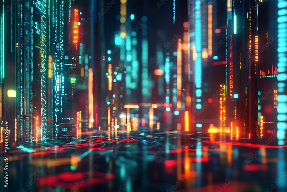 Fototapeta premium Abstract financial market trends glowing over a dark tech background