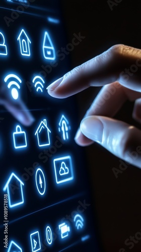 A digital hand accessing a futuristic smart home interface, highlighting features like Wi-Fi, cloud storage, and lighting control. photo