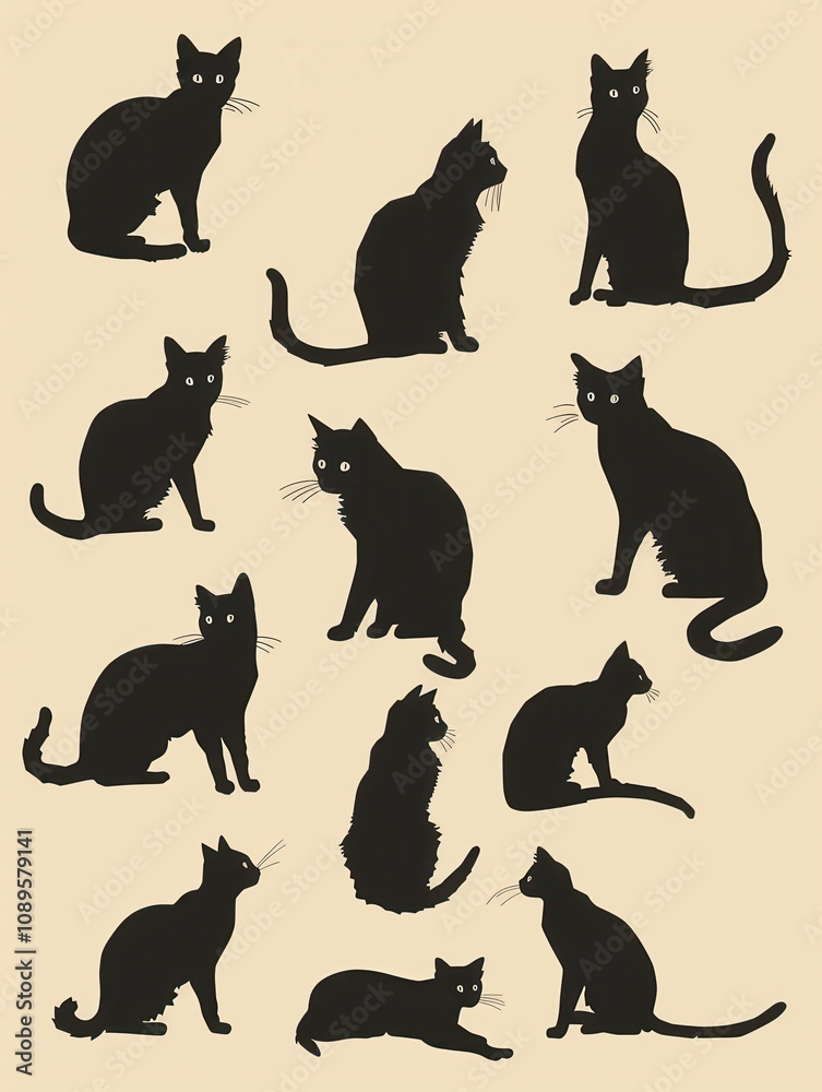 Artful Silhouettes of Cats Capturing Playful Poses and Curiosity on Soft Beige Background Artful Silhouettes of Cats Capturing Playful Poses and Curiosity on Soft Beige Background