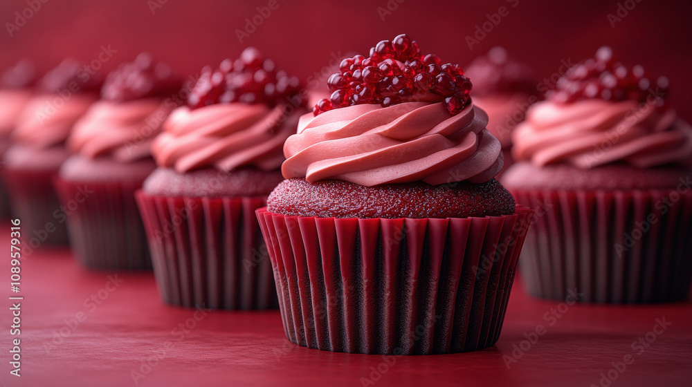 Christmas, New Year. Row cupcakes color red, burgundy simple background, Holiday poster, copy space