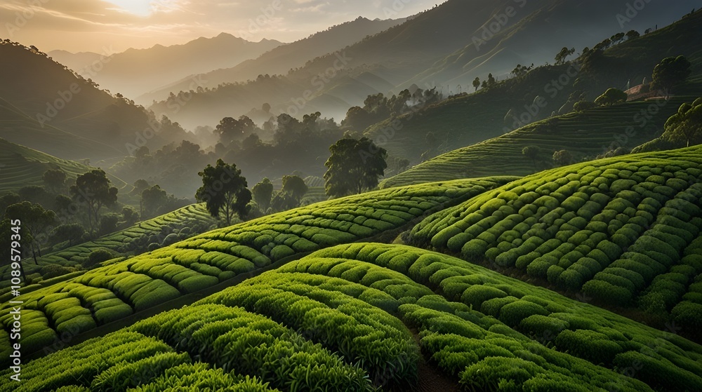 Obraz premium A tranquil scene of expansive tea fields with bright green foliage, the gentle undulations of the land leading toward distant hills, under a soft blue sky with scattered clouds.