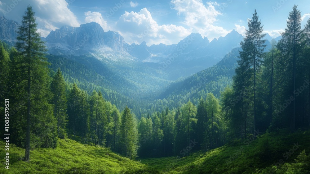 Fototapeta premium Majestic Mountain Range Overlooking Verdant Forest