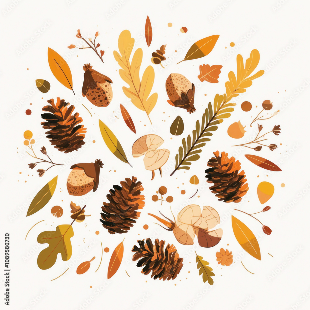 Obraz premium stylized composition of natural elements such as pine cones, acorns, leaves and twigs. 