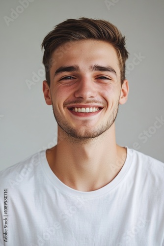 A person with a happy expression wearing a white shirt, ideal for use in scenarios such as advertisements, editorials, or social media posts