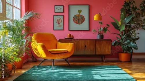  The keyword list prioritizes relevance and common searches... Vibrant living room with mustard yellow armchair, mid-century sideboard, and tropical plants against a pink wall. photo