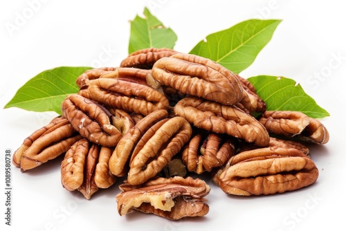 A collection of pecans surrounded by fall leaves on a white background photo