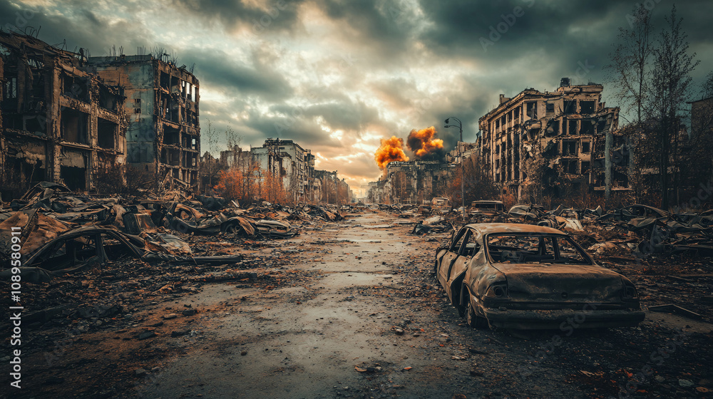 Dramatic Post-Apocalyptic Cityscape in Ruins Depicting Urban Devastation and Fiery Destruction with Eerie Abandoned Streets Dramatic Post-Apocalyptic Cityscape in Ruins Depicting Urban Devastation and Fiery Destruction with Eerie Abandoned Streets