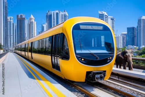 Bangkok's high-tech BTS Skytrain passing through skyscrapers alongside Ayutthaya's elephant rides near ancient temples