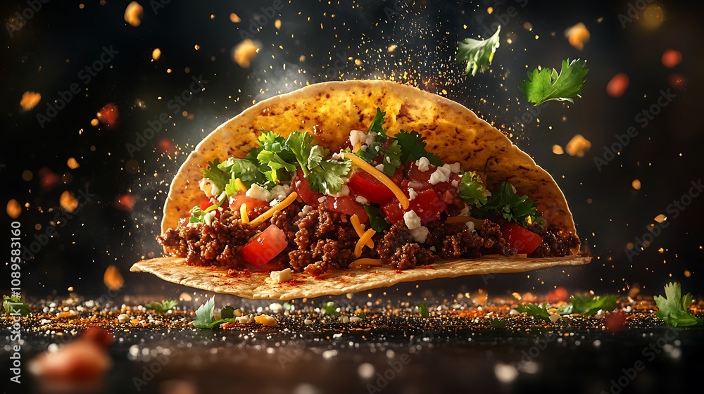 A crunchy taco shell suspended mid-air, with layers of spicy beef, shredded cheese, lettuce, diced tomatoes, and fresh cilantro leaves separated, vibrant colors, dramatic lighting, A crunchy taco shell suspended mid-air, with layers of spicy beef, shredded cheese, lettuce, diced tomatoes, and fresh cilantro leaves separated, vibrant colors, dramatic lighting,