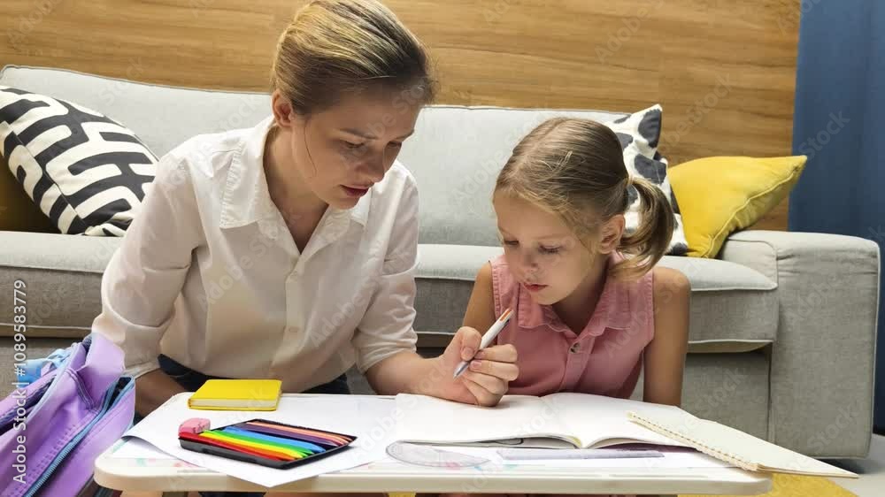 A mother supports her daughter with homework A mother supports her daughter with homework