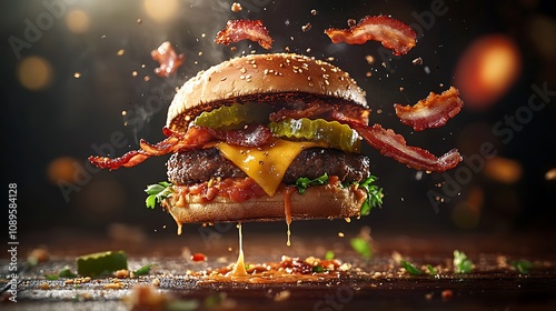 A deconstructed cheeseburger in mid-air, with cheese melting and dripping, bacon strips and pickles suspended separately, backlit lighting creating a glossy effect, dark backdrop, photo