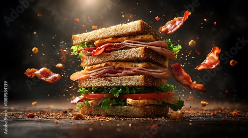 A deconstructed club sandwich in motion, with layers of bread, turkey, bacon, lettuce, tomato, and cheese floating apart, each ingredient vividly detailed, photo