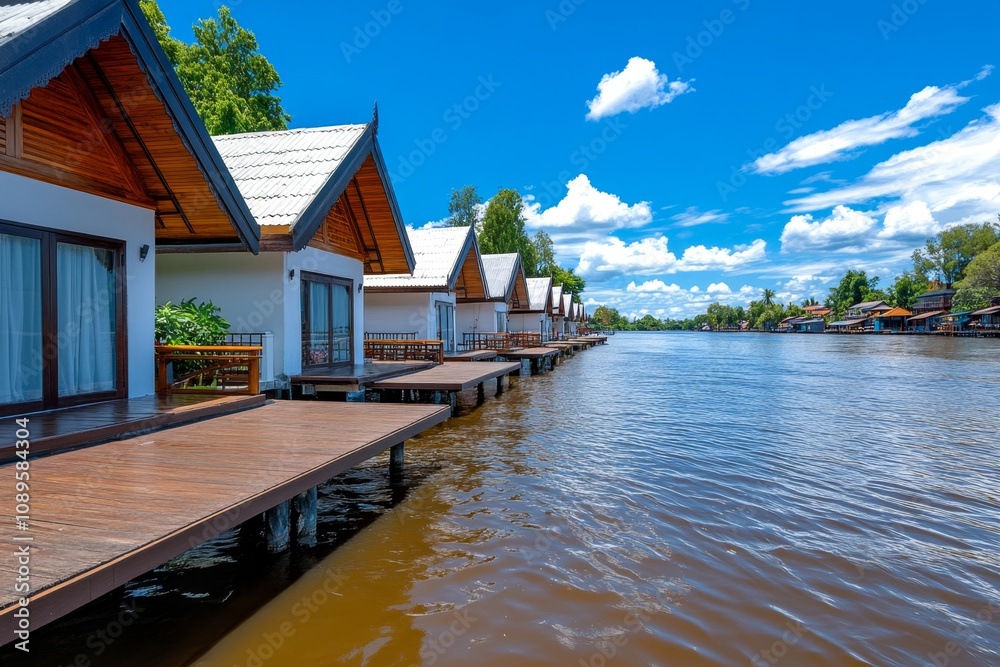 Obraz premium Bangkok luxury riverside hotels paired with Ayutthaya traditional wooden guesthouses on stilts over water