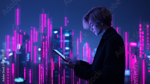 A business executive using a tablet, framed by data-driven financial visuals and a faint cityscape background for a modern aesthetic.