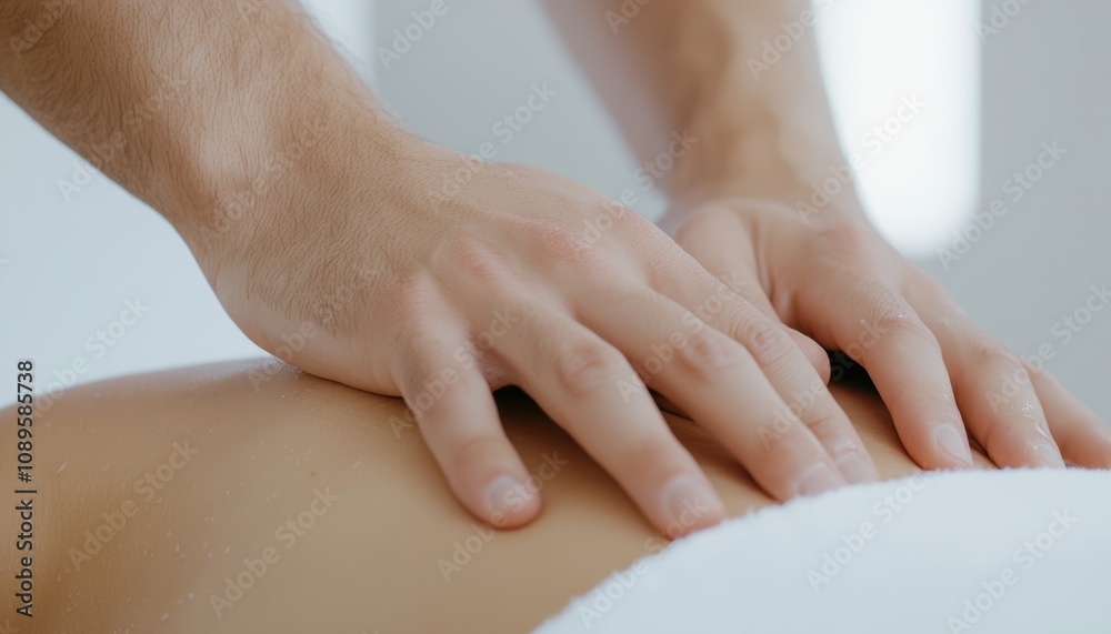 Fototapeta premium A calm and inviting massage session, with skilled hands creating a relaxing experience in a beautifully arranged spa setting.