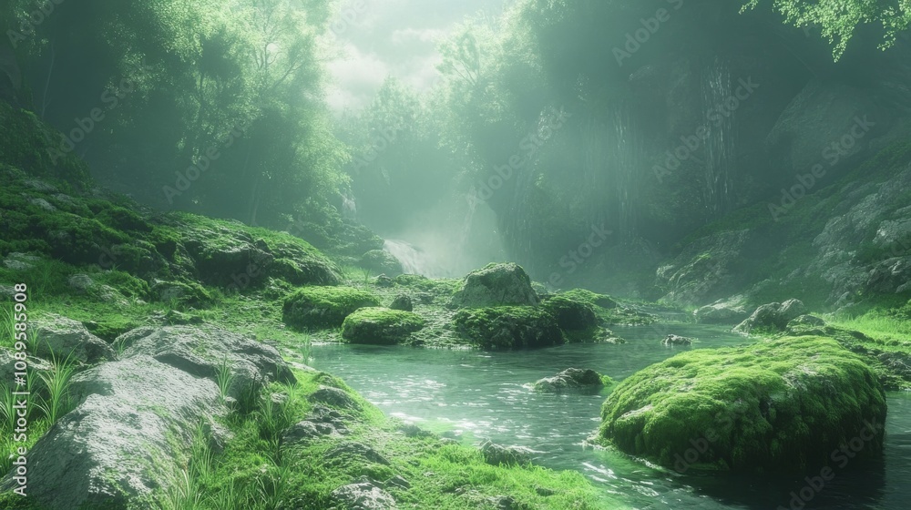 Serene Mossy Creek Flowing Through Verdant Forest Serene Mossy Creek Flowing Through Verdant Forest
