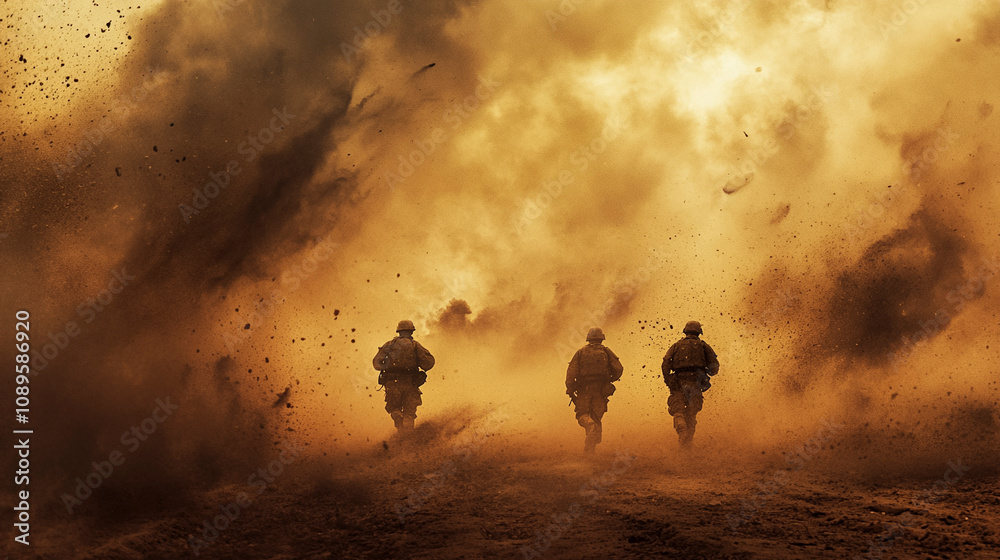 Fototapeta premium Soldiers in Desert During Dust Storm