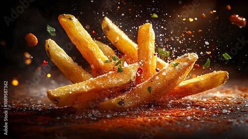 A dynamic burst of golden french fries flying mid-air, tossed with sea salt and herbs, crispy texture, salt particles scattering, vibrant colors, cinematic lighting, dark contrasting background, photo