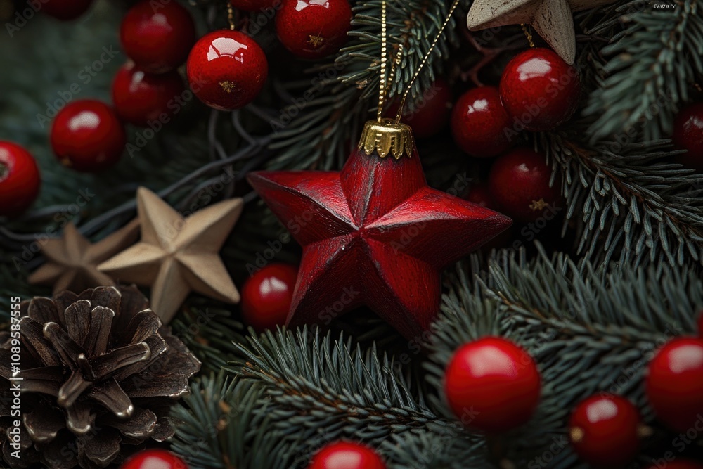 A red star ornament hanging from a decorated Christmas tree A red star ornament hanging from a decorated Christmas tree
