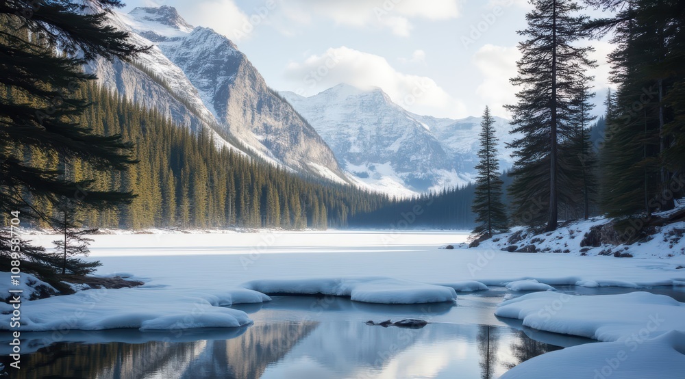 Serene winter landscape with snow-covered mountains Serene winter landscape with snow-covered mountains