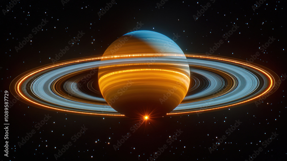 planet Saturn with its famous rings illuminated by bright light. The rings are made up of ice and dust particles, creating a bright glow effect. planet Saturn with its famous rings illuminated by bright light. The rings are made up of ice and dust particles, creating a bright glow effect.