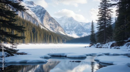 Serene winter landscape with snow-covered mountains