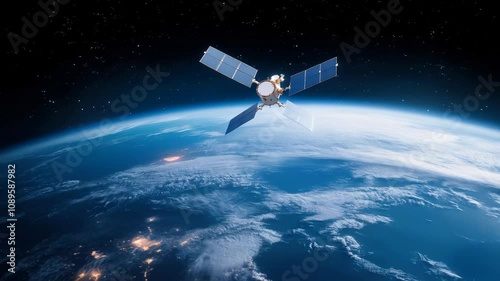 Movement of a space artificial satellite of the earth in the dark starry sky. Navigation technologies, satellite communications. Open space