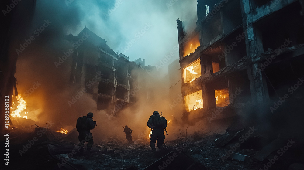 Obraz premium Smoke-Filled Streets with Soldiers Advancing in Urban Combat