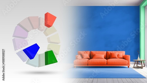 Split complementary color scheme of  blue, red orange, green for living interior