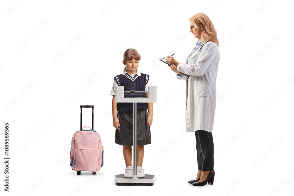 Doctor and schoolgirl with a backpack at a medical check Doctor and schoolgirl with a backpack at a medical check