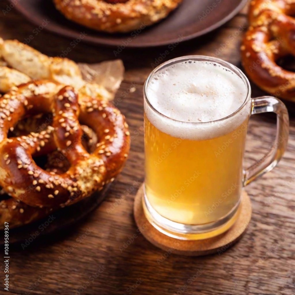 A high angle shot of a frothy beer mug on a table, with Oktoberfest pretzels and sausages surrounding it, and the festive atmosphere softly fading into the background A high angle shot of a frothy beer mug on a table, with Oktoberfest pretzels and sausages surrounding it, and the festive atmosphere softly fading into the background