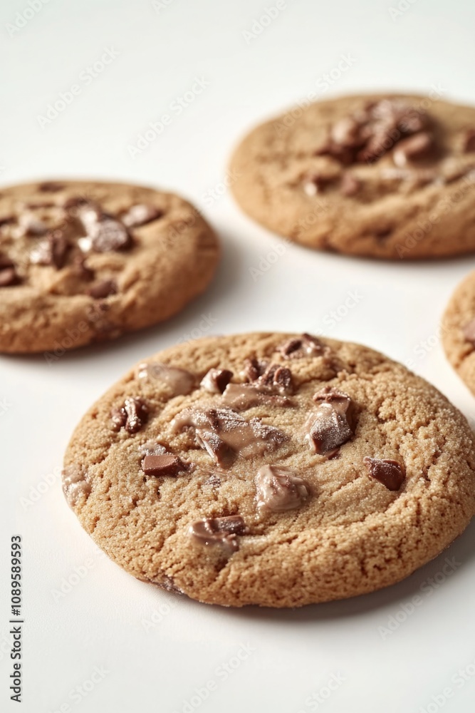 A group of fresh-baked chocolate chip cookies on a white surface A group of fresh-baked chocolate chip cookies on a white surface