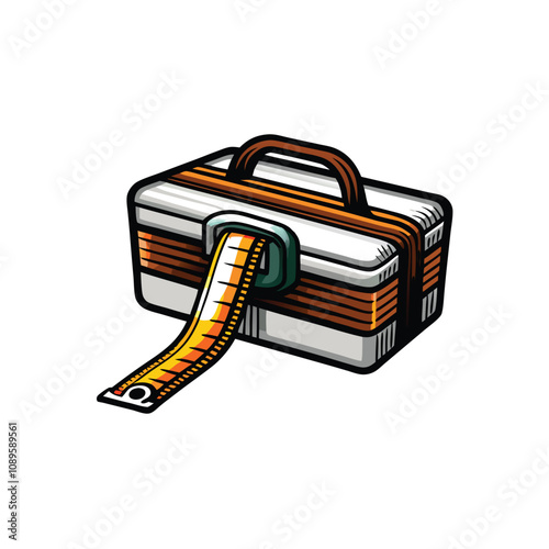 Editable vector illustration of a toolbox with a tape measure, ideal for DIY, repair, and construction projects.  Clean lines, easily customizable stroke width.