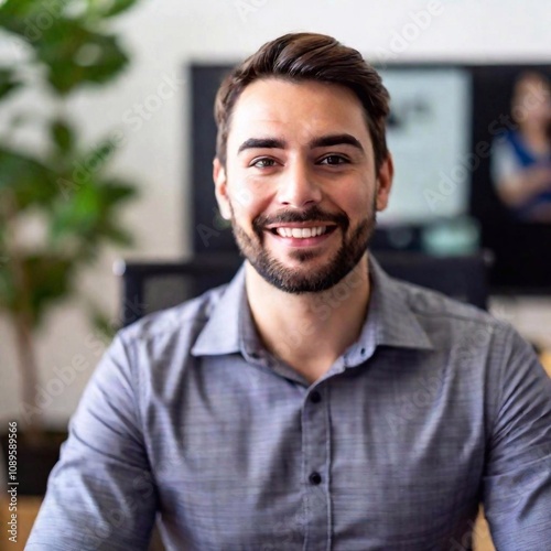 portrait of handsome man smiling at camera in office