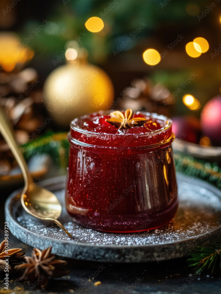 A jar of berry jam decorated with star anise. A jar of berry jam decorated with star anise.