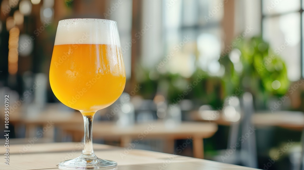 Craft beer in a glass on wooden table in a restaurant Craft beer in a glass on wooden table in a restaurant