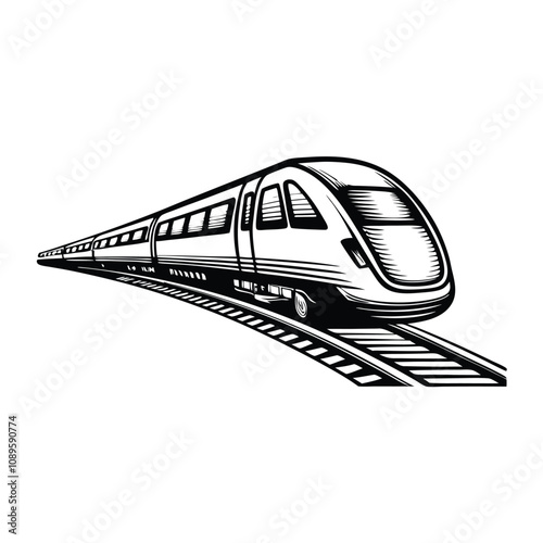 Create an editable stroke vector graphic of a detailed train locomotive on railway tracks, suitable for animation or design projects.