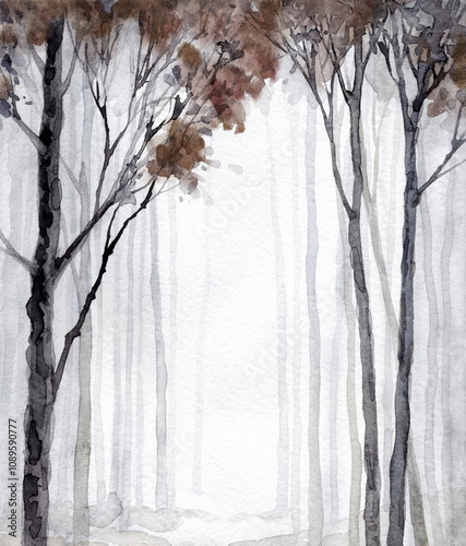 Trees in the winter forest. Watercolor landscape
