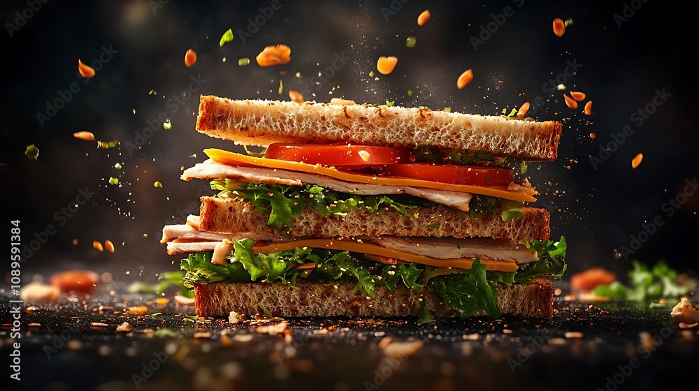 Fototapeta premium A floating sandwich in mid-motion, with layers of whole grain bread, turkey slices, cheddar cheese, lettuce, tomato, and mayonnaise suspended, bright colors, soft cinematic lighting,