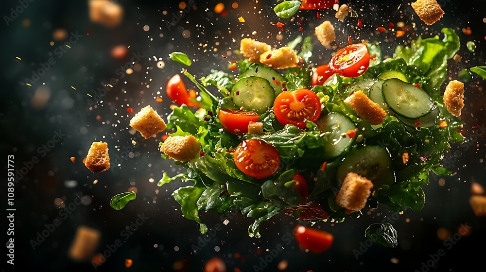 A fresh salad exploding mid-air with a burst of vibrant greens, cherry tomatoes, croutons, and sliced cucumbers flying apart, drops of dressing suspended, bright cinematic lighting, A fresh salad exploding mid-air with a burst of vibrant greens, cherry tomatoes, croutons, and sliced cucumbers flying apart, drops of dressing suspended, bright cinematic lighting,