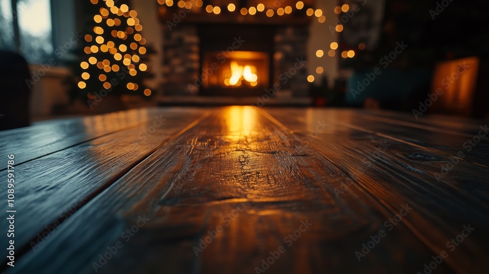 Warm Festive Room With Wooden Table And Fireplace Warm Festive Room With Wooden Table And Fireplace