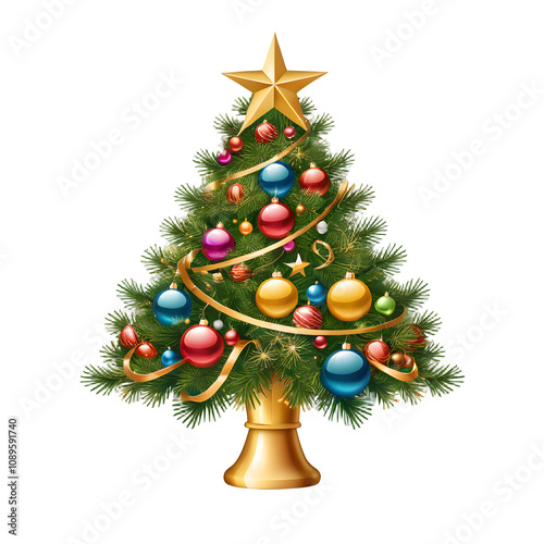 christmas tree decoration. Holiday Cheer: Decorated Christmas Tree. Festive Christmas Tree with Red and Gold Ornaments.  transparent background.