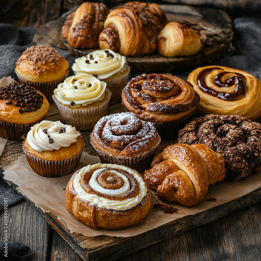 Assorted pastries and muffins displayed on a rustic wooden table Assorted pastries and muffins displayed on a rustic wooden table