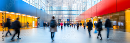 vibrant urban scene with commuters walking in colorful shopping mall with blurred long exposure effect