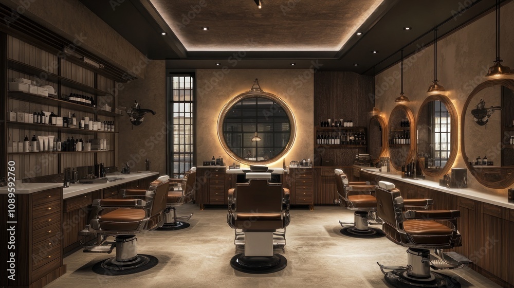Rustic barbershop with warm lighting and mirrors