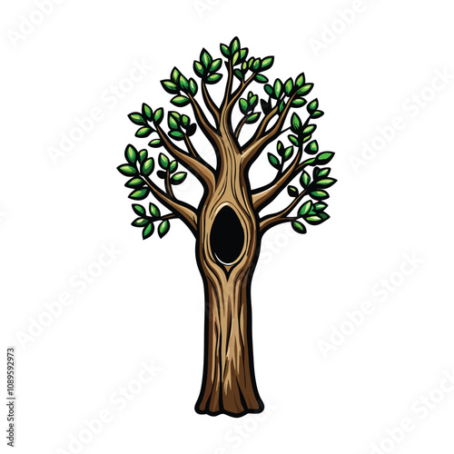 Create an editable stroke vector graphic of a large, ancient tree with a visible, sizable hollow in its trunk.  Detail bark texture and leaf canopy.