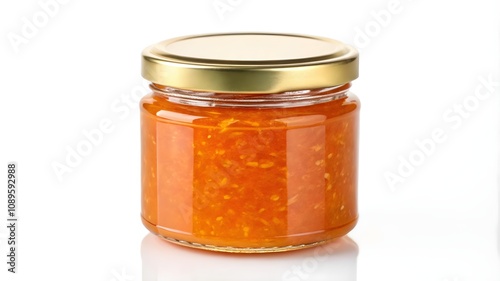  Glass Jar of Orange Marmalade with Gold Lid, Jar of Marmalade on White Background  
